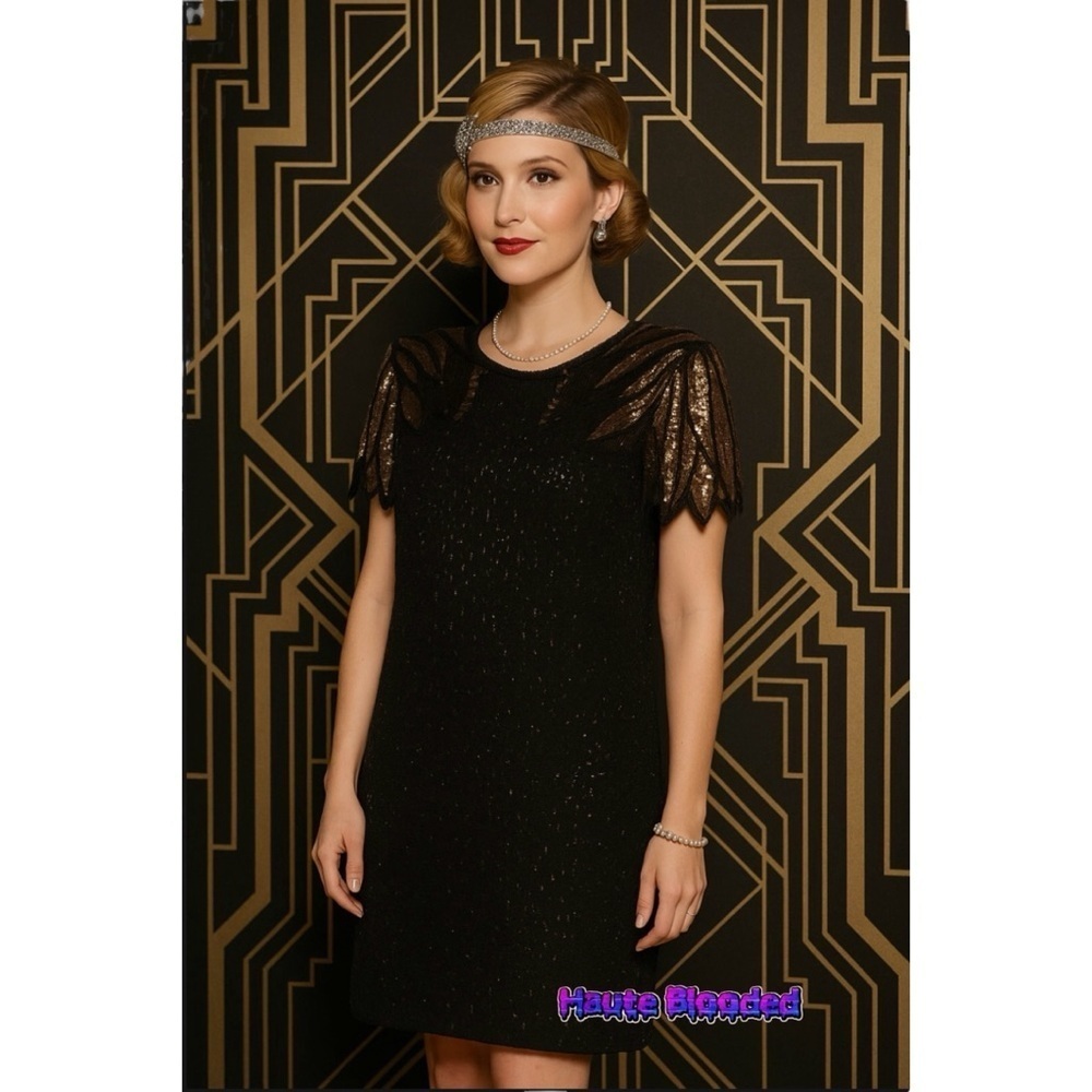 Stenay Dress Vintage 80s 20s Gatsby Dynasty Black Sequin Beaded Flapper Mob Wife
